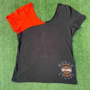 Harley-Davidson Two-Tone Black and Orange V neck Tee size XL